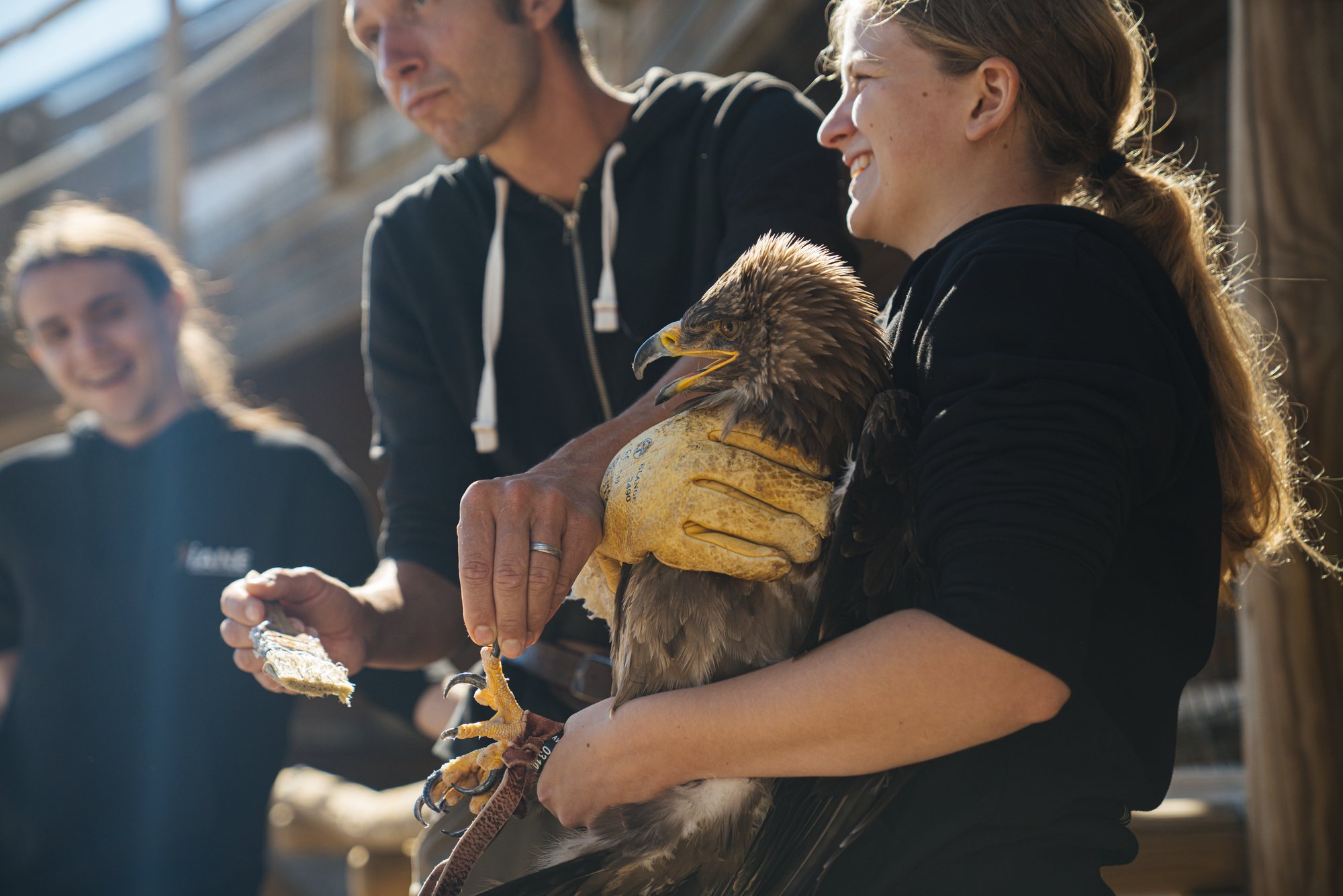 Élèves soigneurs de SIANE tenant un jeune aigle