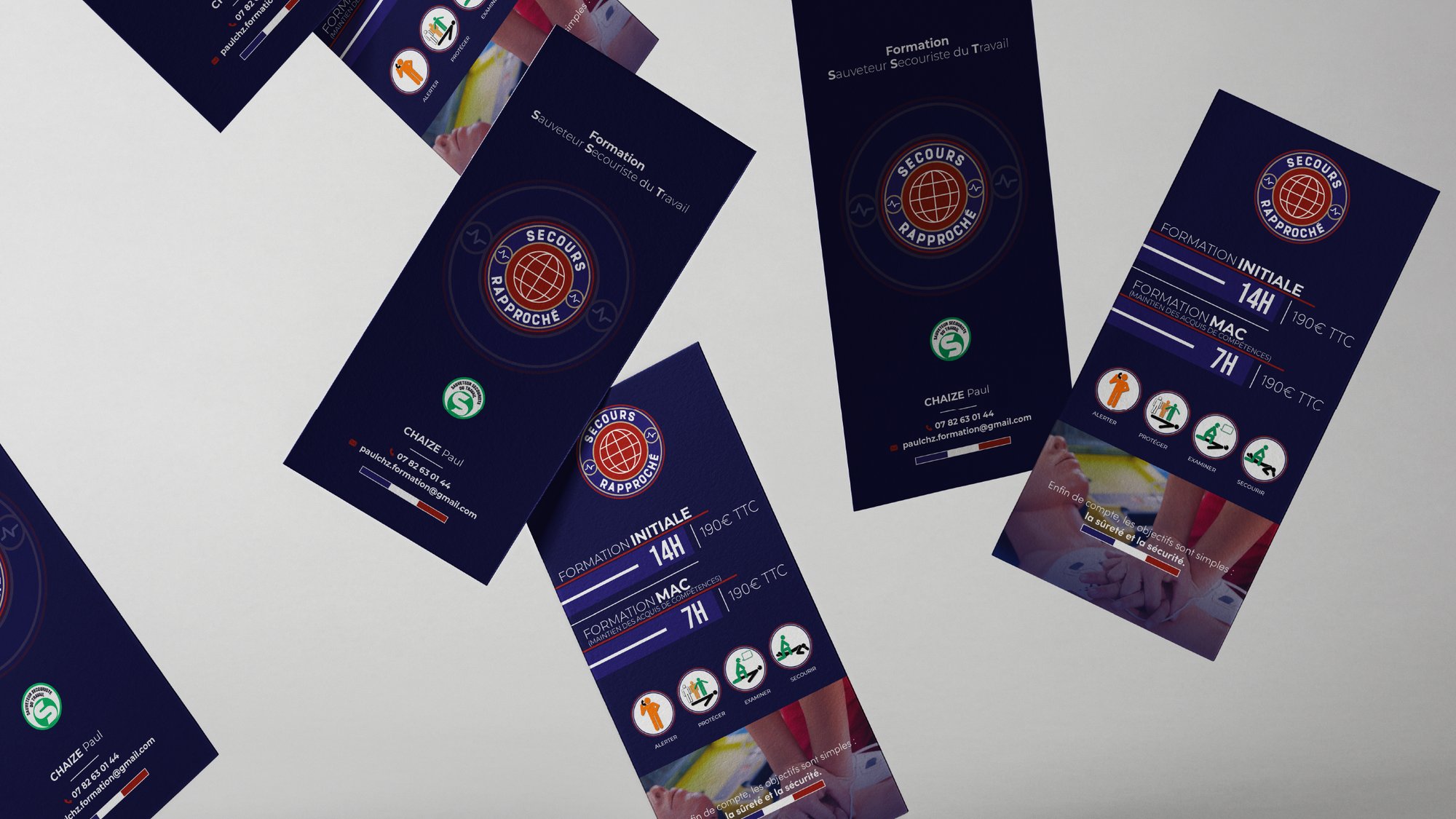 Flyers et cartes Secours Rapproché, formation SST